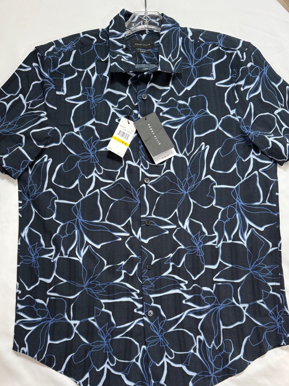 Perry Ellis Black Short-Sleeve Button Shirt with Blue Floral Outline